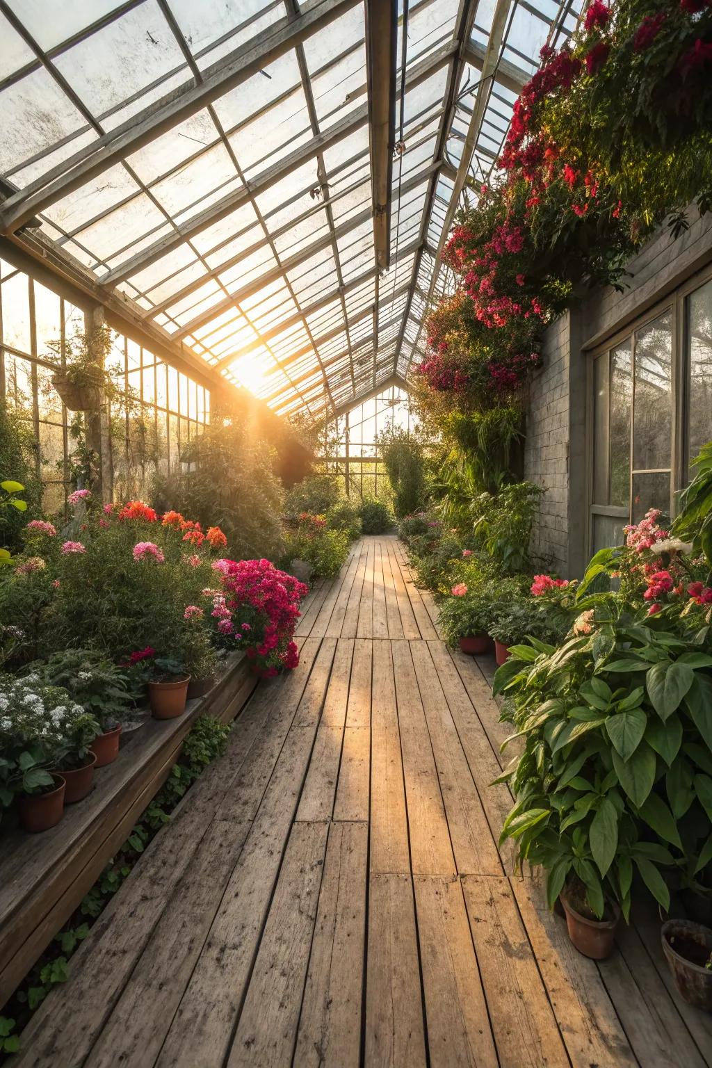 Wood planks offer a natural and welcoming greenhouse surface.