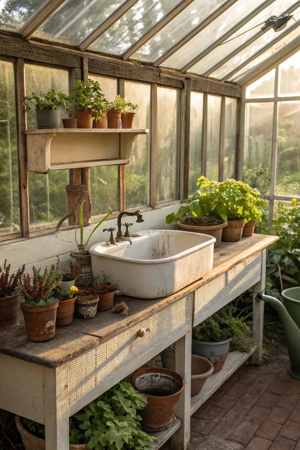 A classic basin adds timeless beauty to a greenhouse environment.
