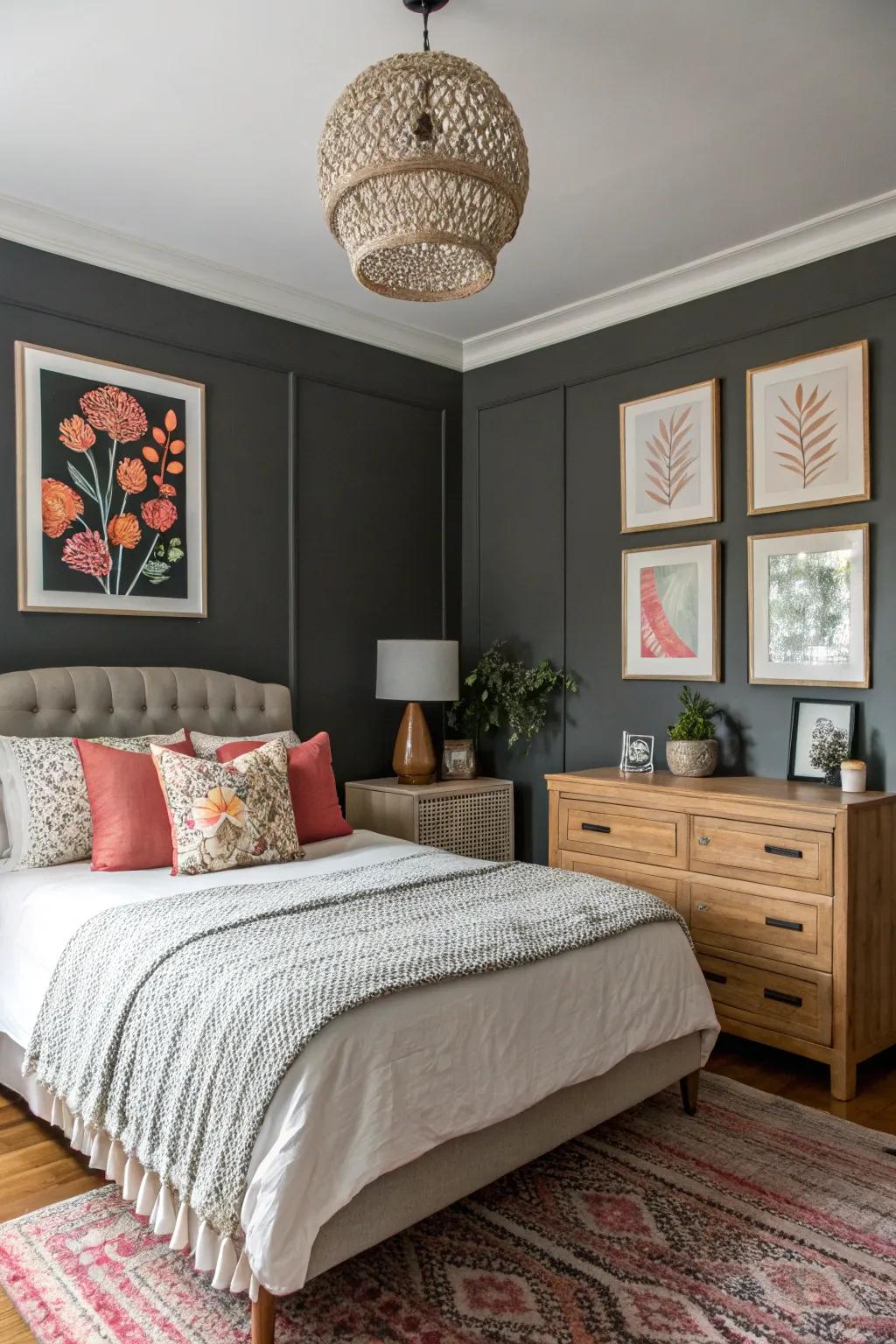 An eye-catching bedroom boasting a deep charcoal focal wall.