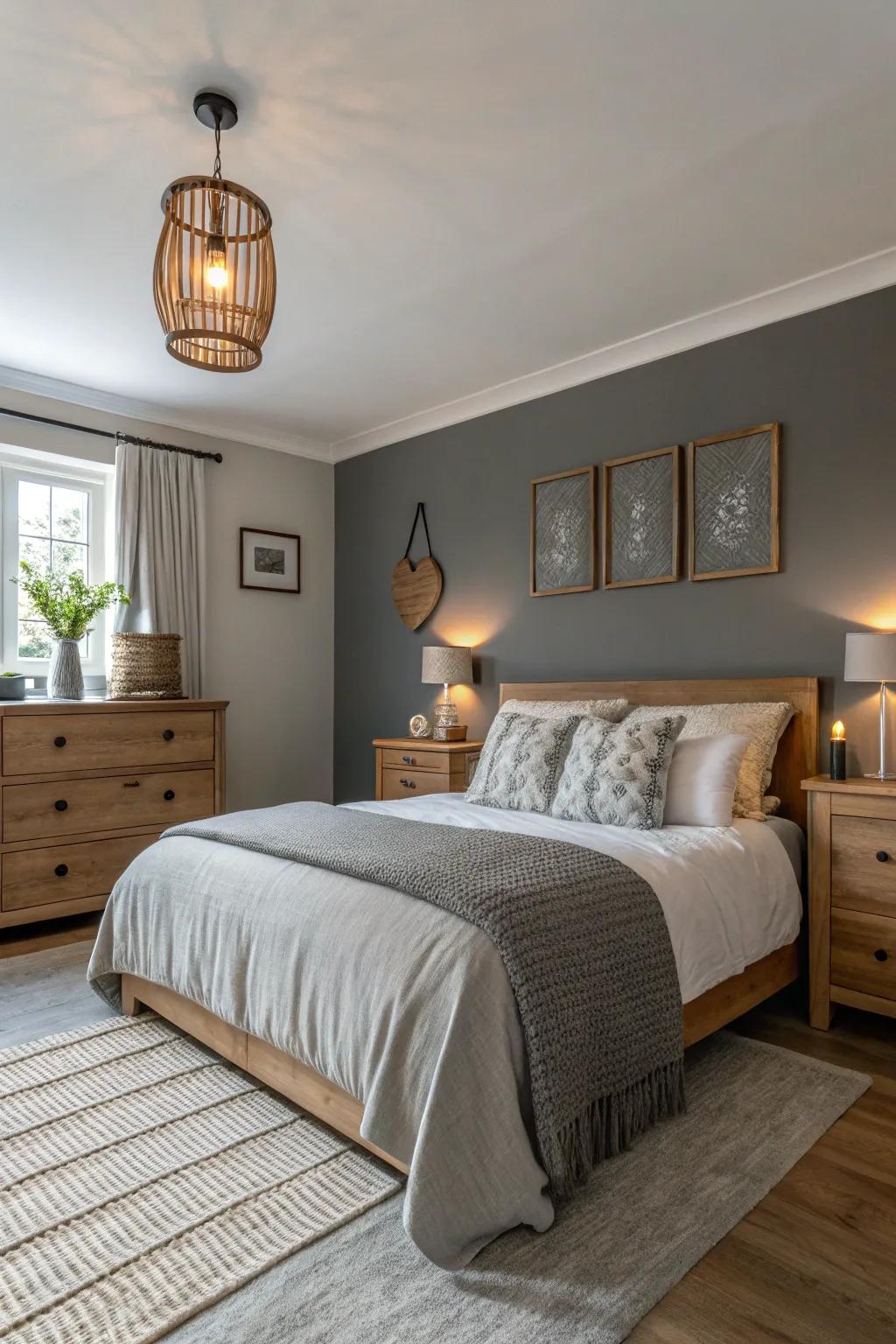 A bedroom that features a serene grey accent wall.