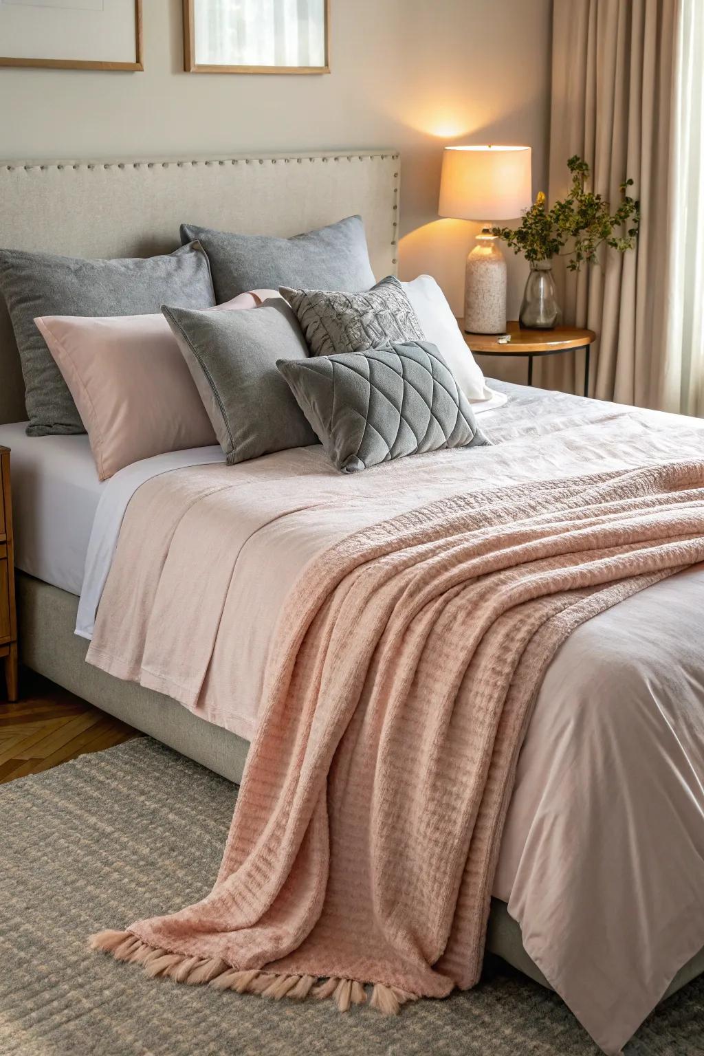 A light rose hued covering placed over grey bedclothes introduces a hint of panache.