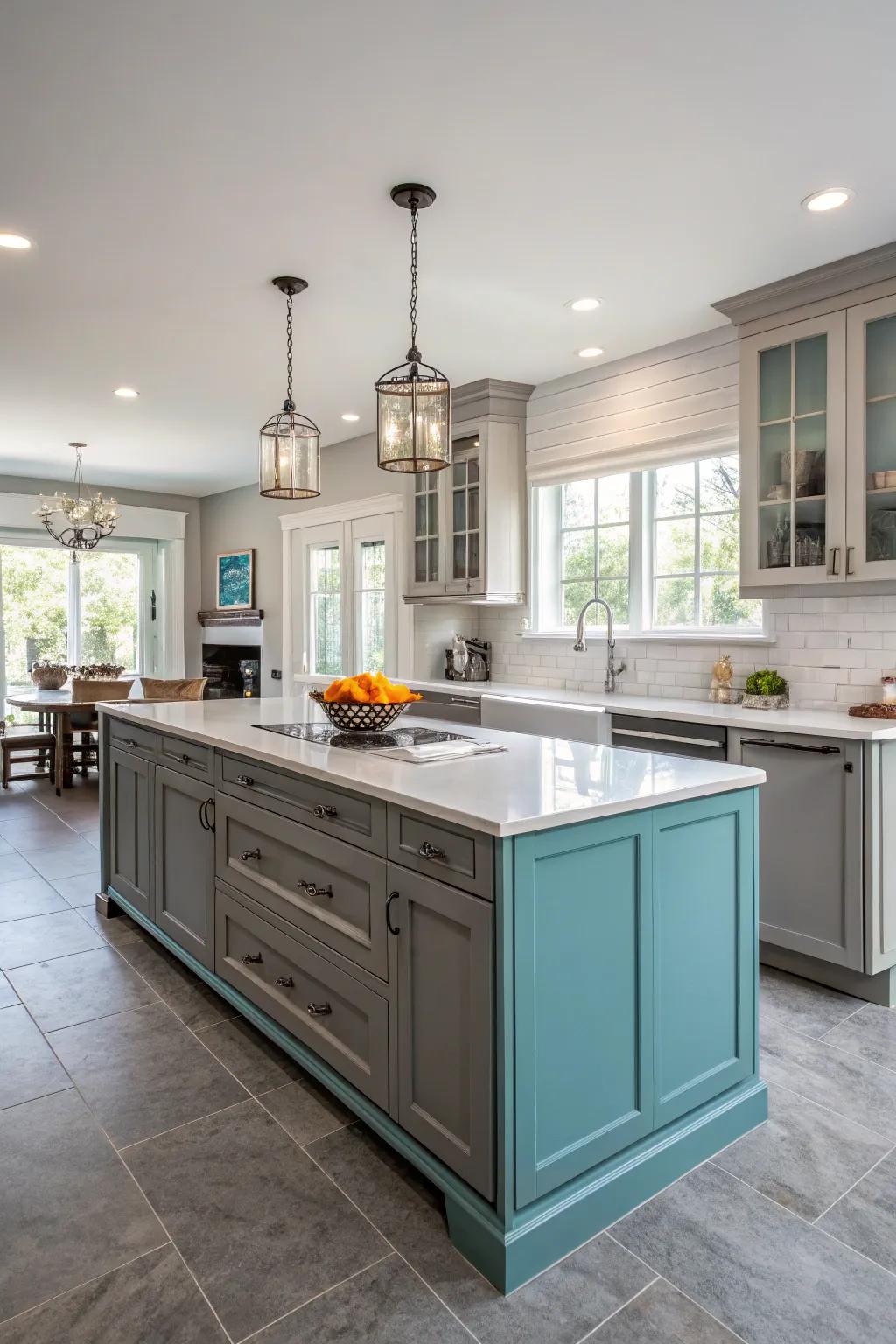 An azure central island becomes the social hub of the cooking area, encouraging interaction and connection.