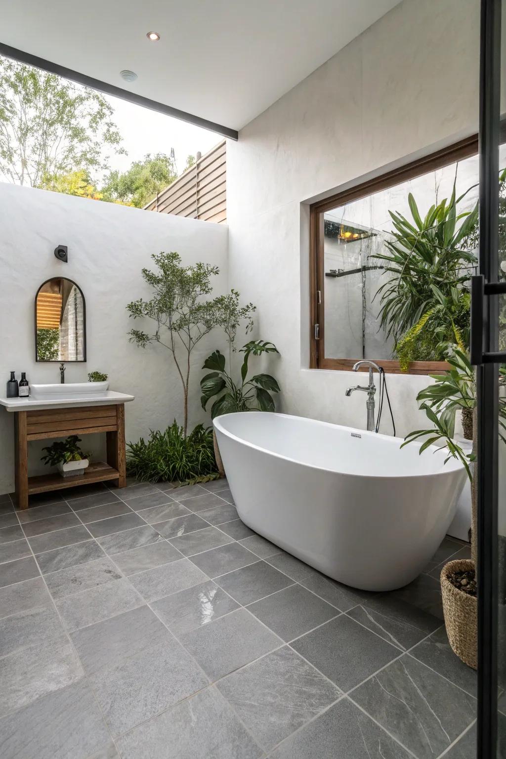 A white freestanding bathtub takes center stage in this elegant bathroom.