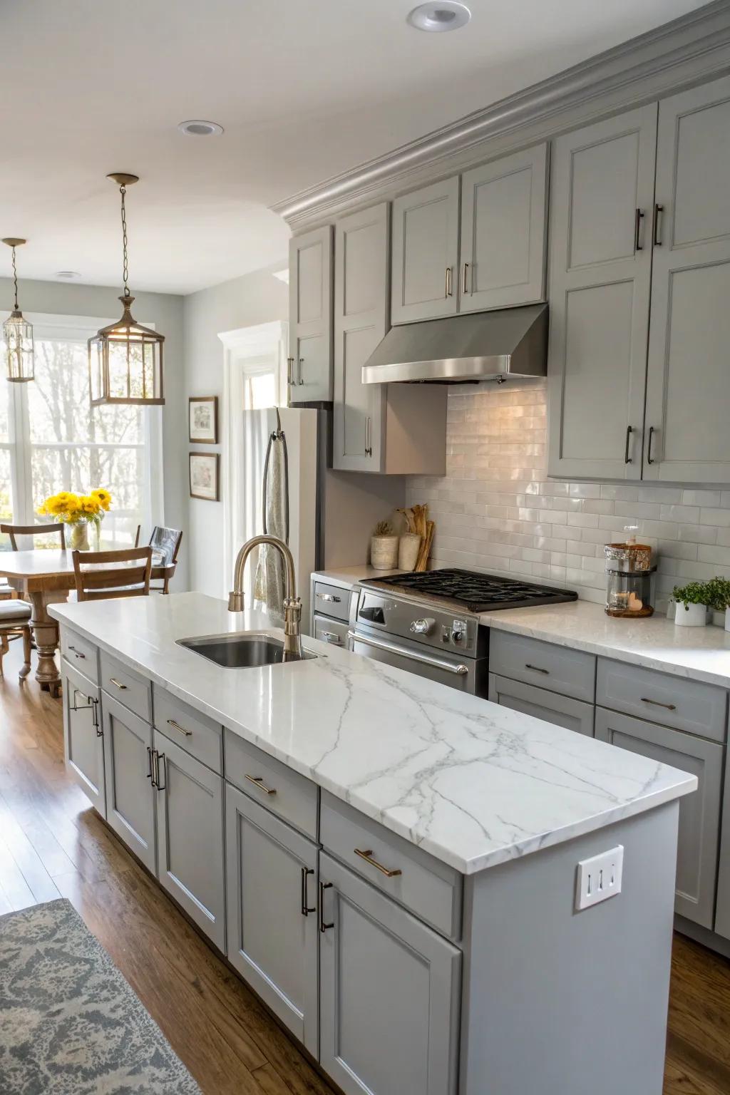 Elegant white marble countertops in a grey and white kitchen