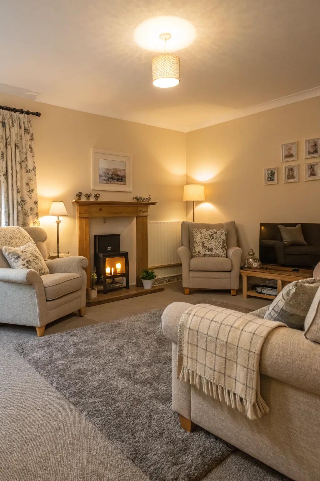 Cream-colored walls add warmth to any room featuring grey floor covering.