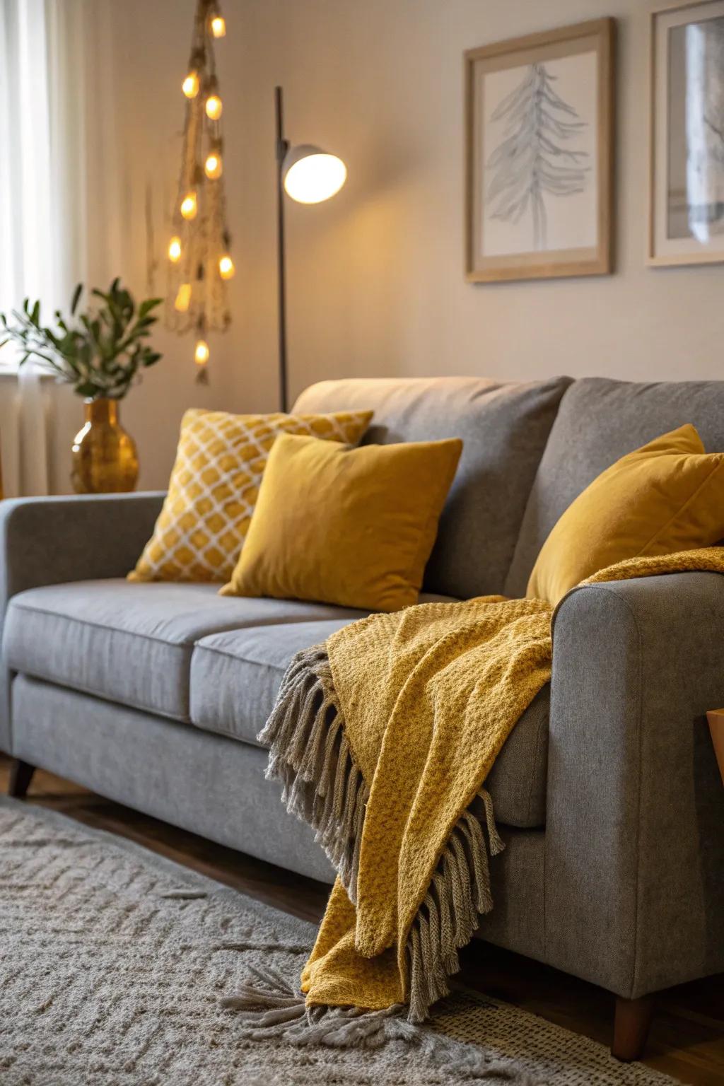 A gray sofa brightened with golden yellow accents.