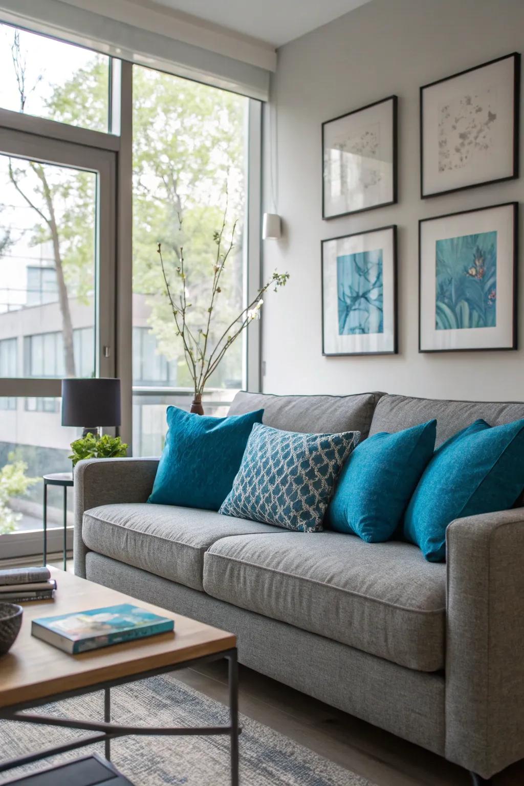 Bright blue cushions breathe life and energy into a grey sofa.
