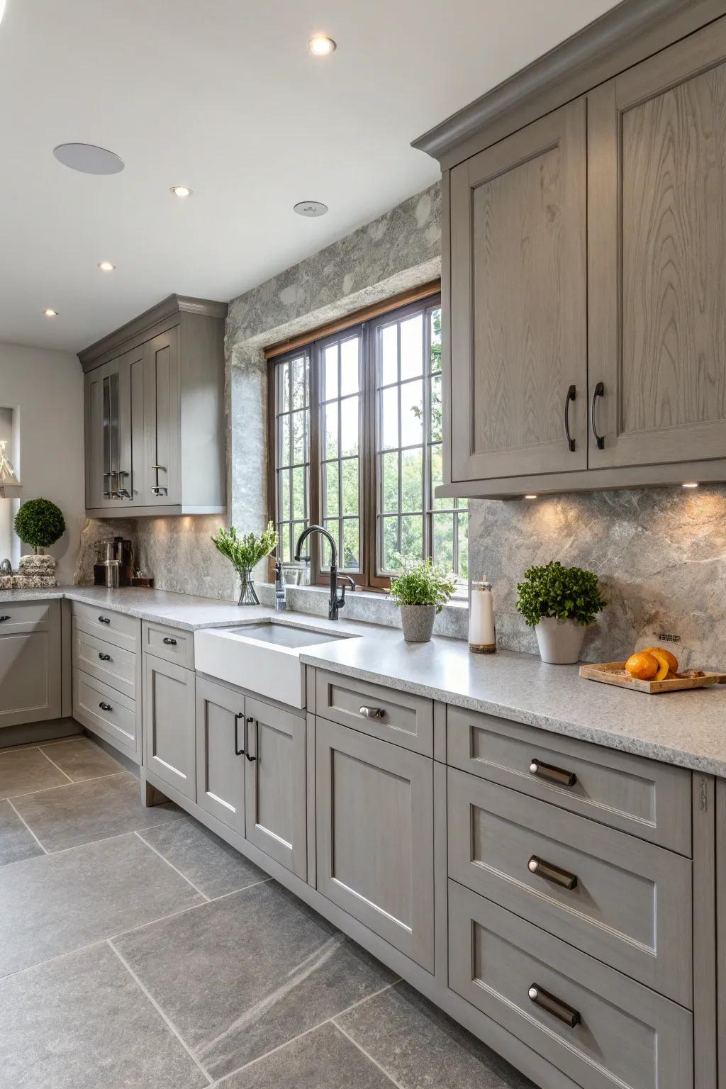 A kitchen showcasing an array of grey tones through its countertops.
