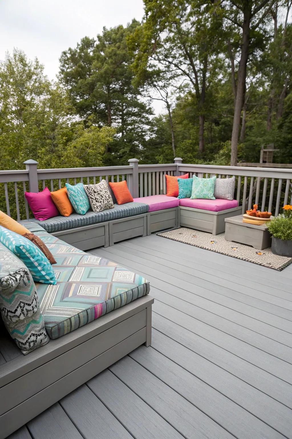 A comfortable outdoor lounge situated on a grey deck, enhanced with vibrant pillows.