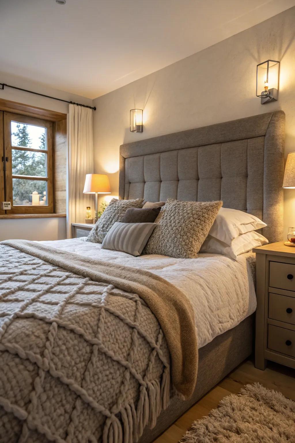 A comfortable bedroom with a grey headboard, improved by textured bedding.