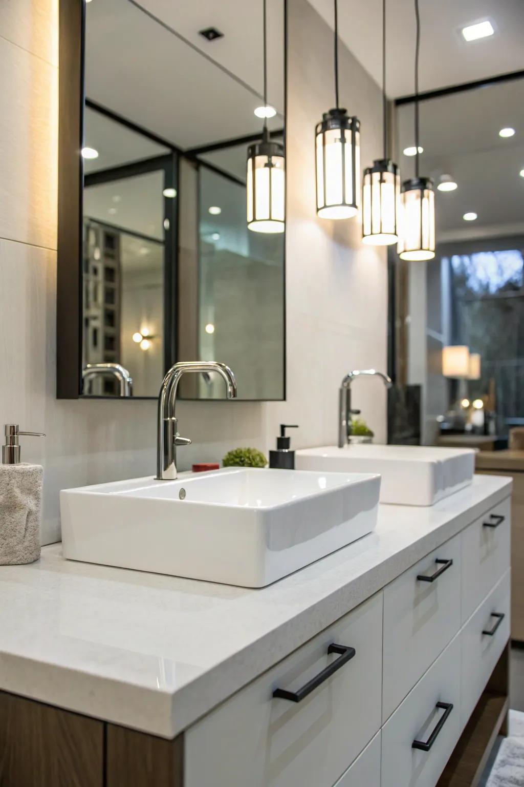 Elegant accents add a modern twist to this fashionable guest bathroom.