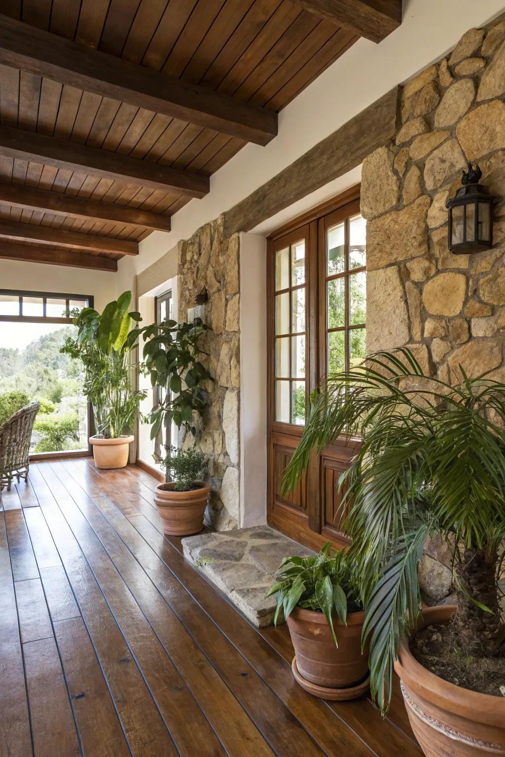 A guest house interior filled with organic materials, creating a warm and inviting vibe.