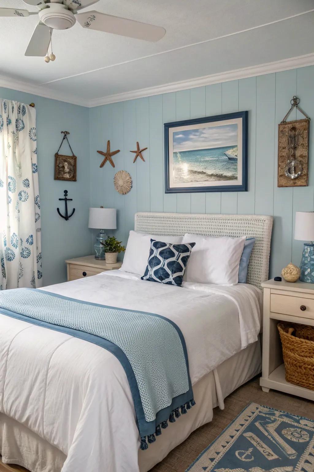 A calming guest room featuring soft blue walls for a tranquil ambiance.