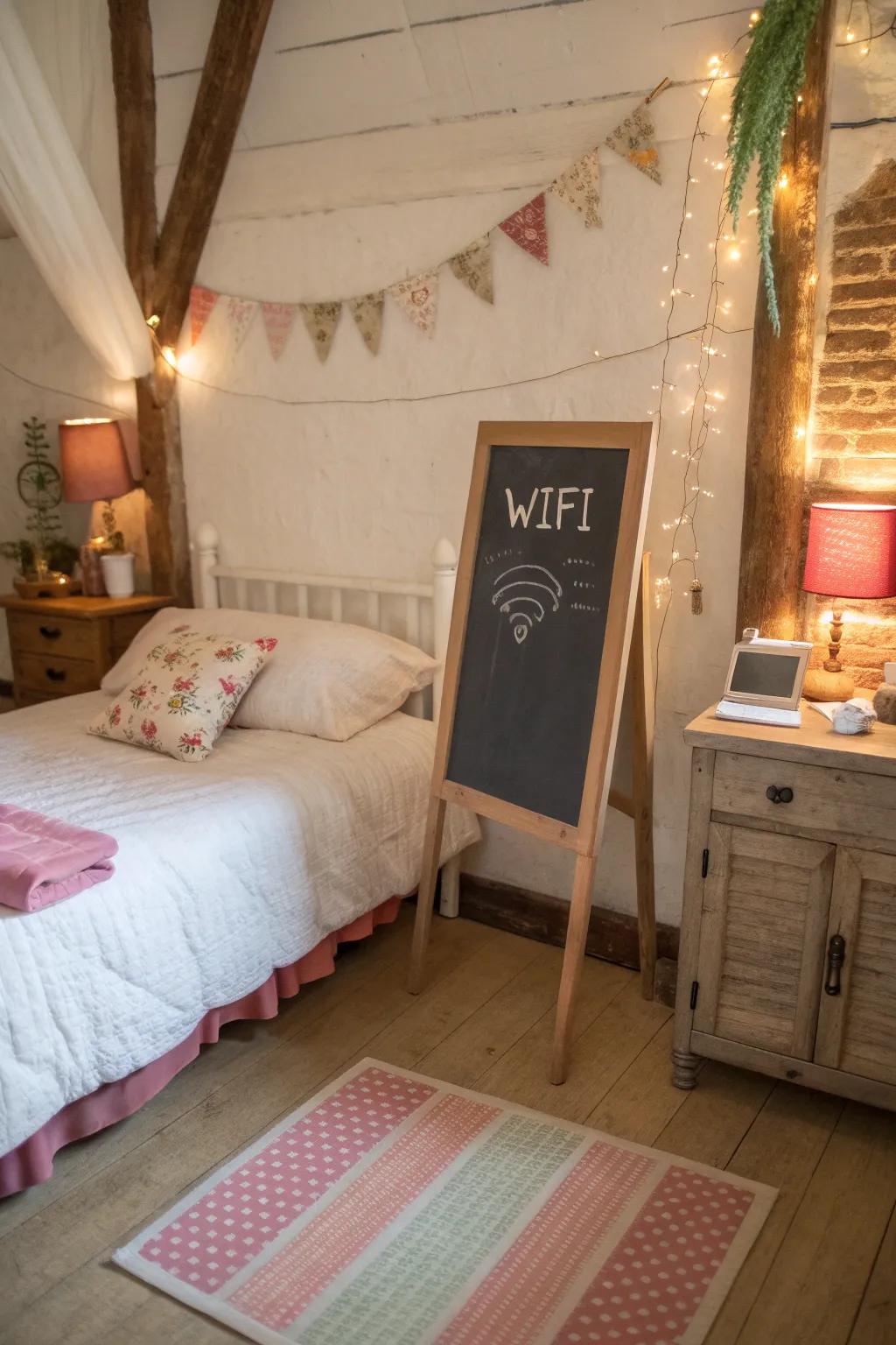 A chalkboard stand imaginatively showcasing the WiFi password in a cozy setting.