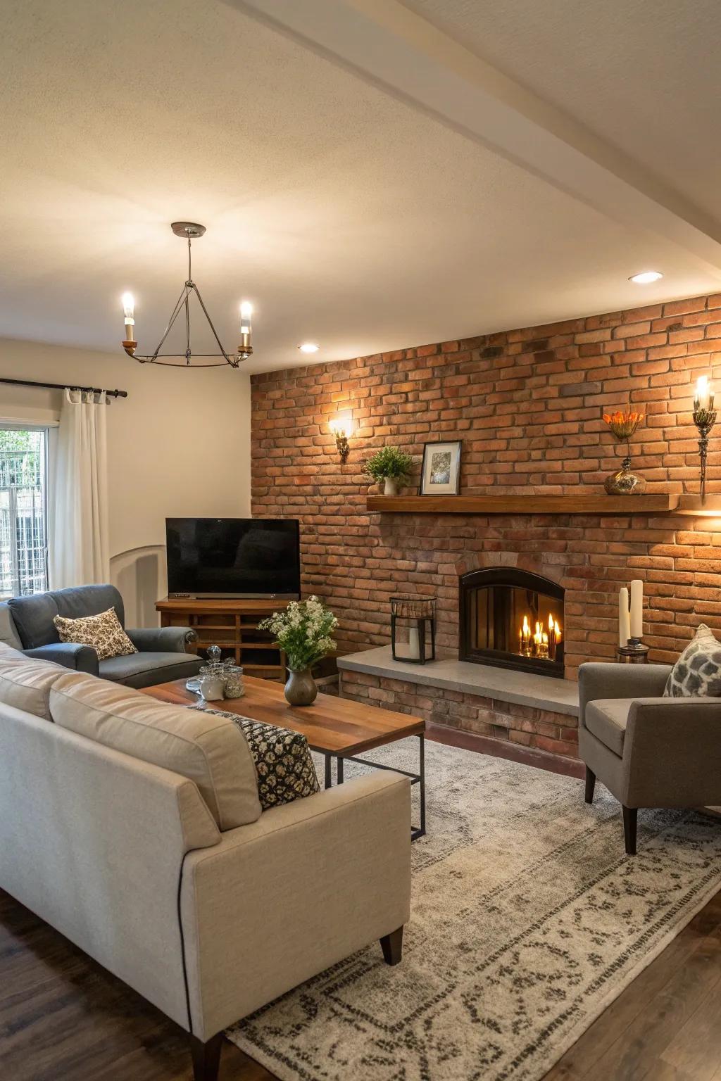 A welcoming living room showcasing a brick element and appealing decorations.