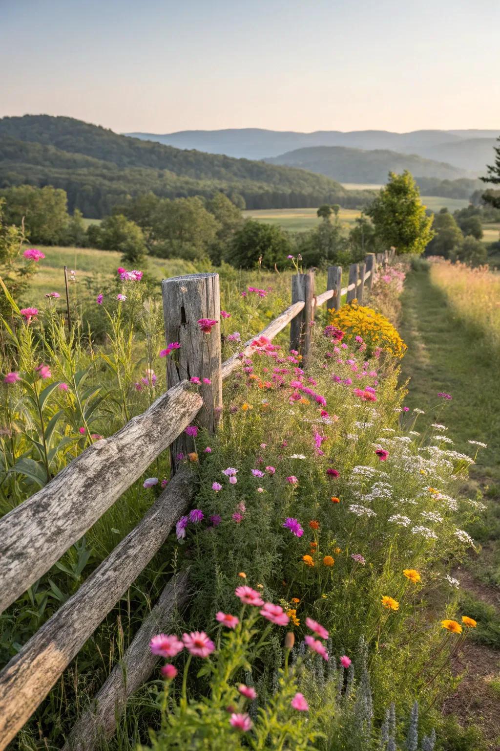 Homespun allure with a split rail barrier and untamed blooms.