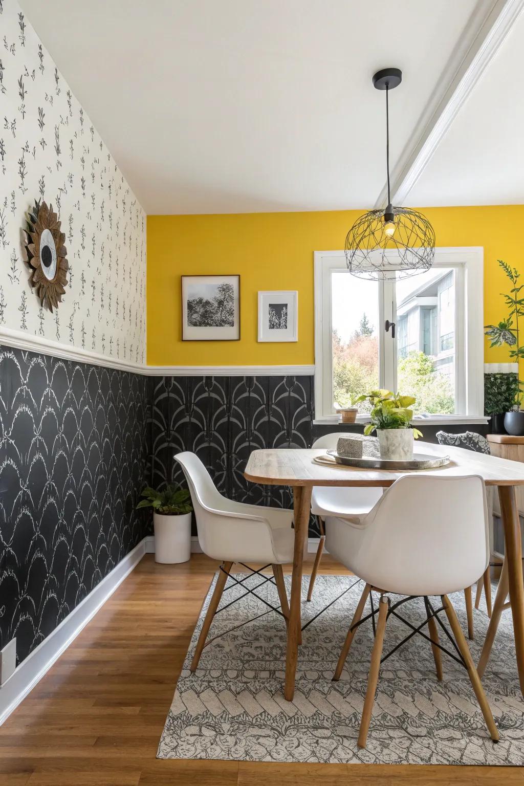 A vibrant dining room featuring onyx design wallcovering and radiant yellow paint, creating a lively and dynamic ambiance.