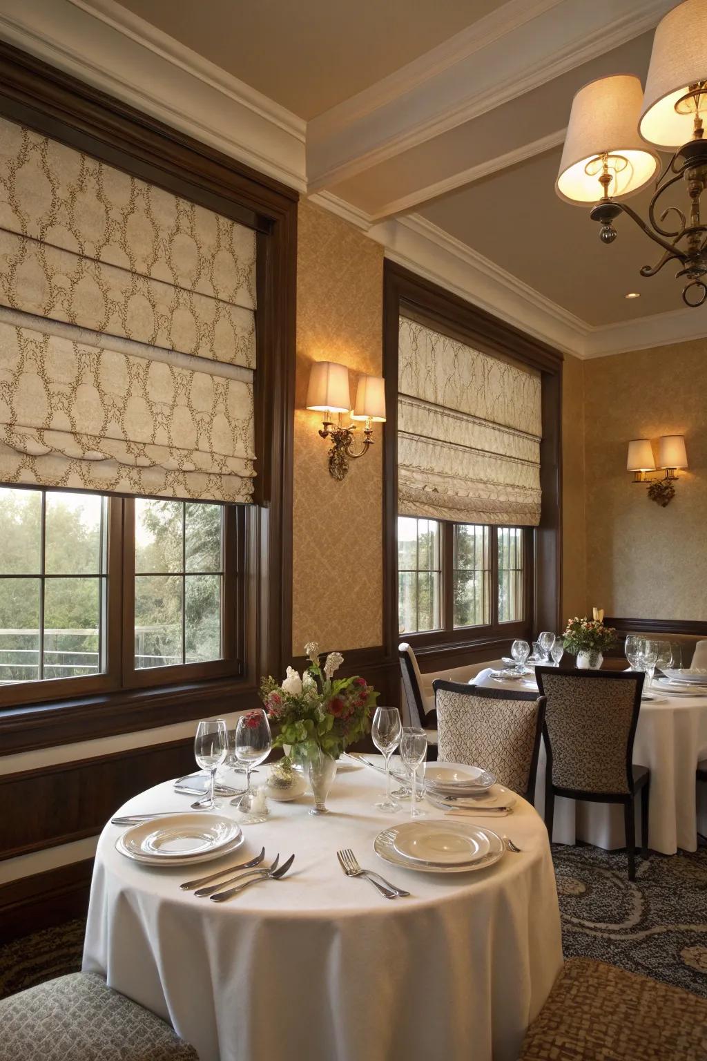 An elegant dining room is enhanced by fabric Roman window treatments.