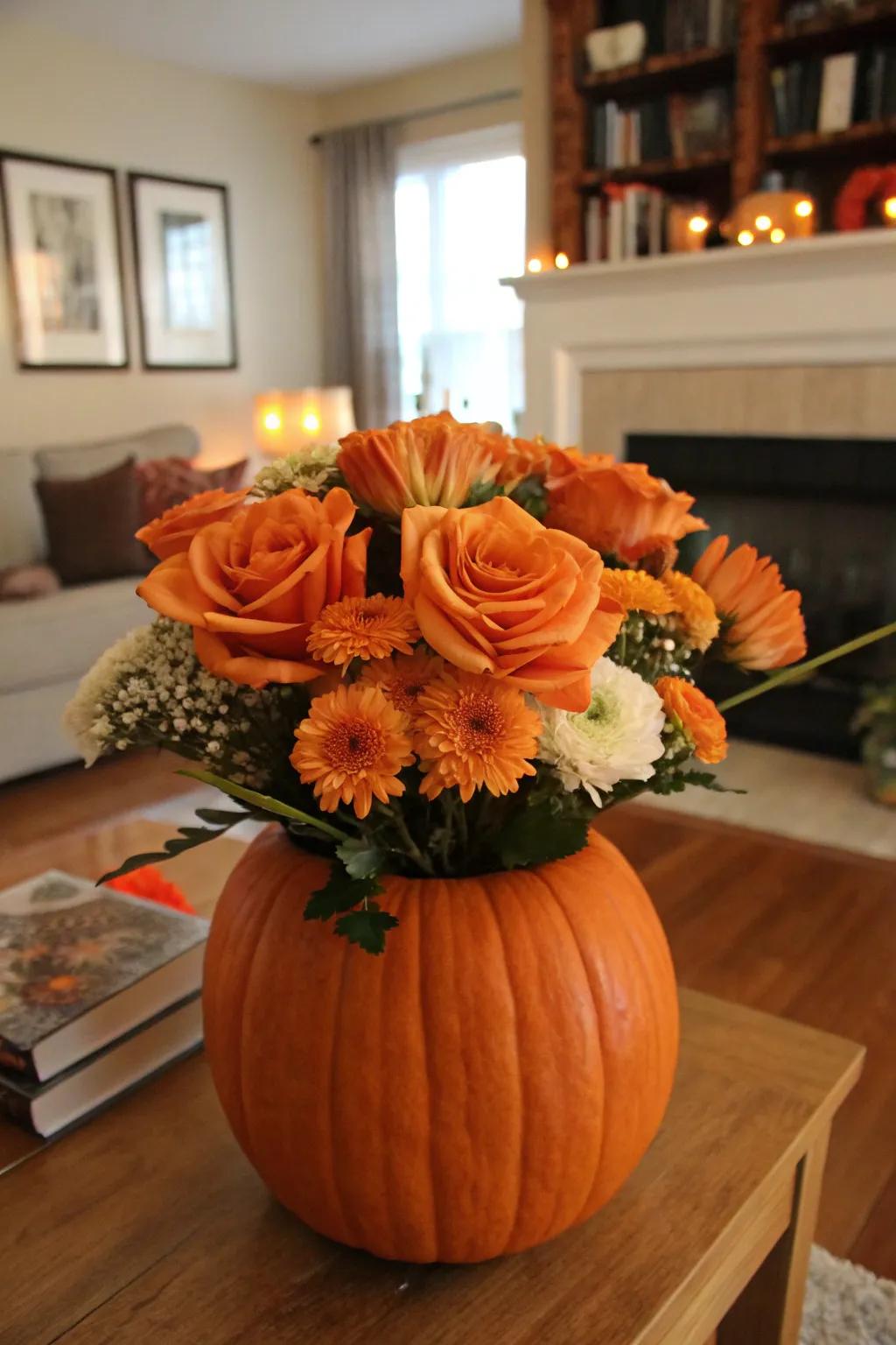 A gourd container overflowing with vibrant florals creates an exquisite Halloween centerpiece.