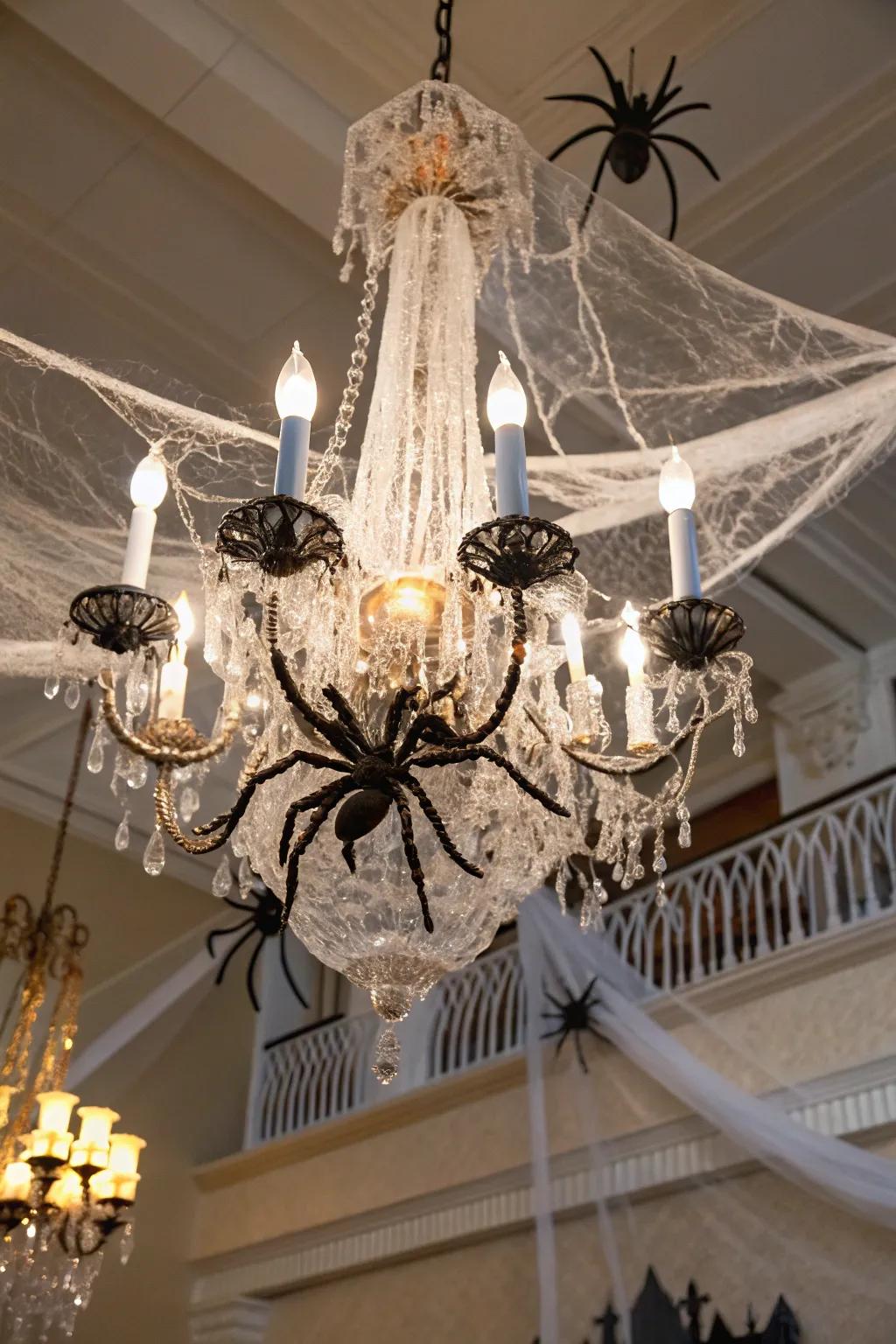 Spider webs conjure an eerie ambiance upon any chandelier.