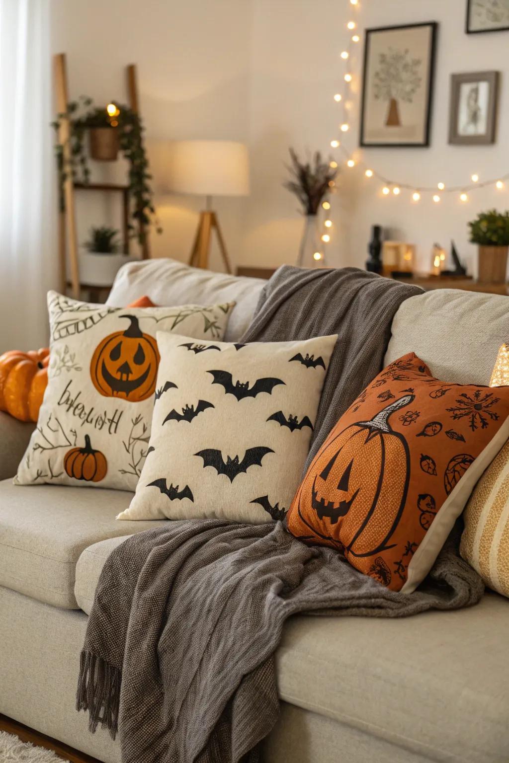 Styled textiles introduce a subtle yet impactful Halloween mood.