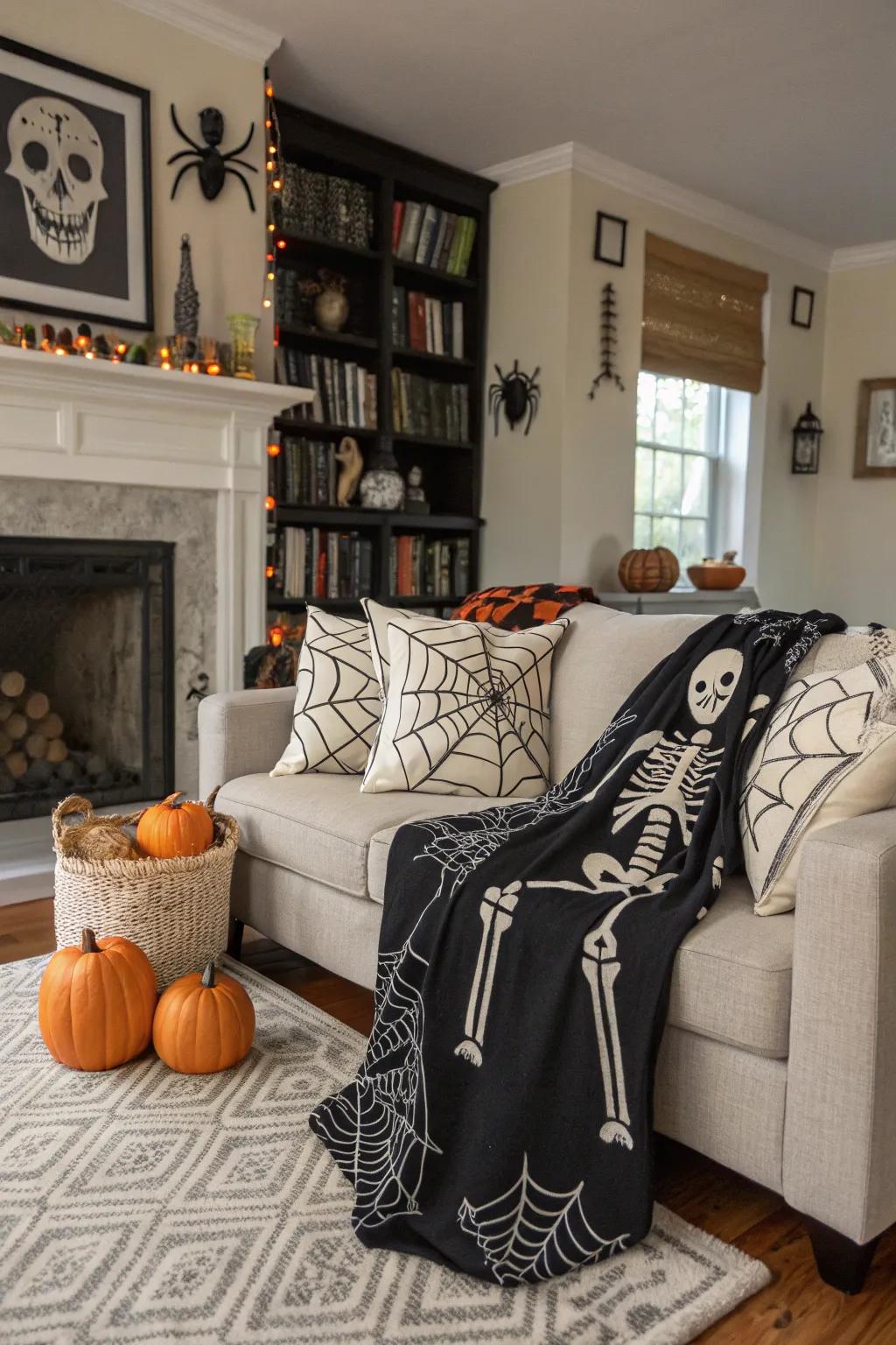 Skeleton cushions contribute playful fright to your seating.