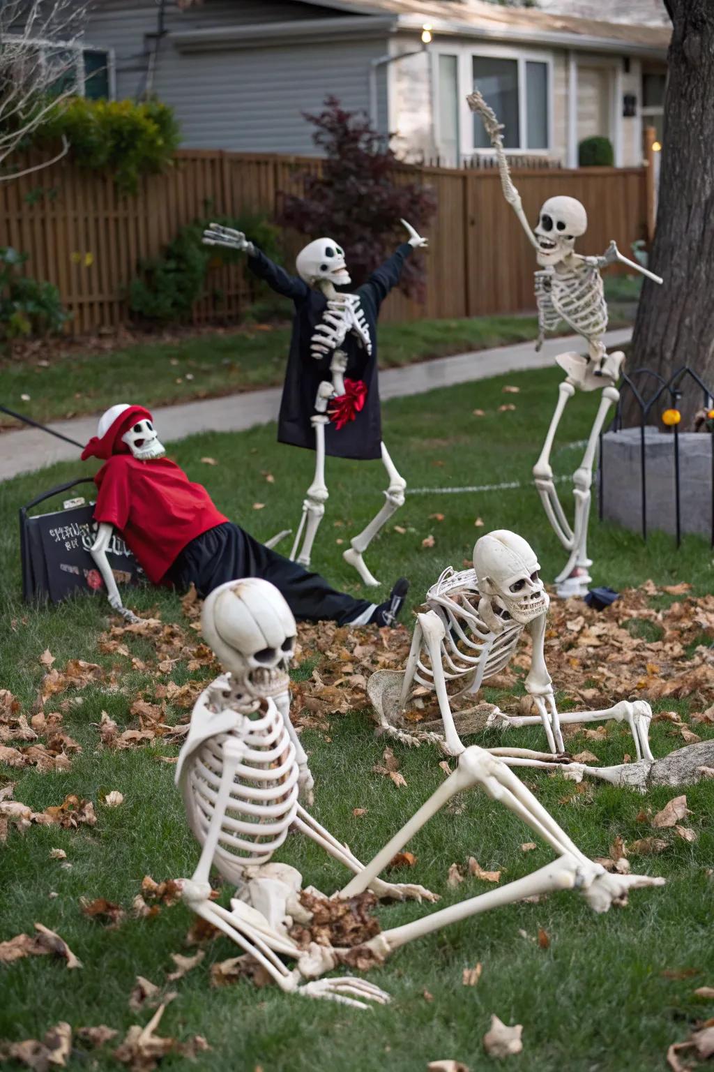 Bring humor to Halloween using skeletons in amusing poses.