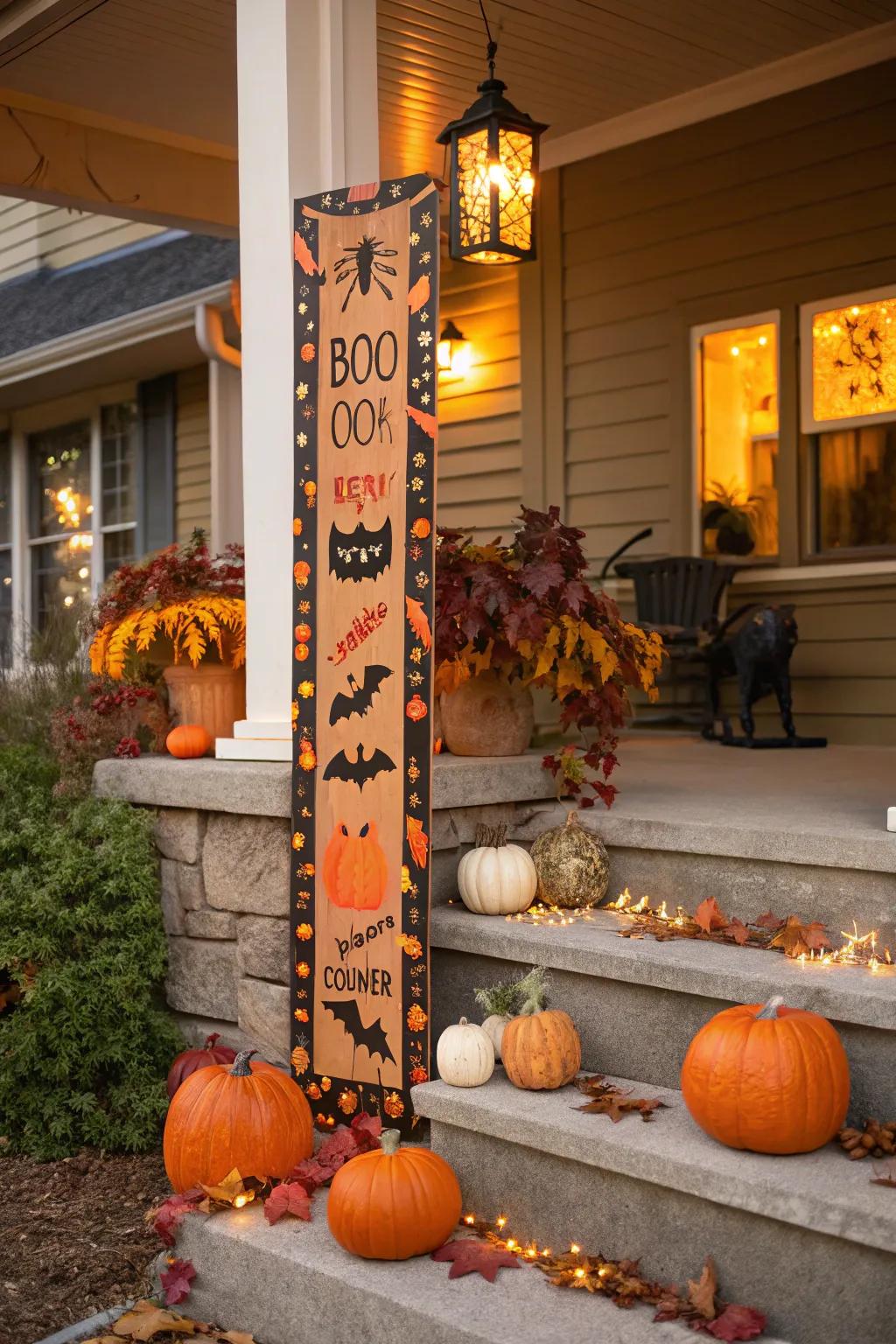 A stunning vertical sign warmly greeting visitors to a Halloween-themed porch.