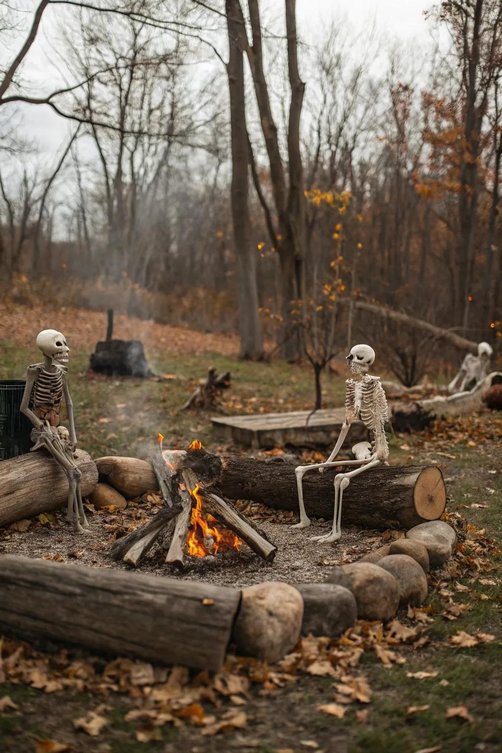A delightful campfire arrangement featuring skeletons incorporates an appealing element to your Halloween decors.