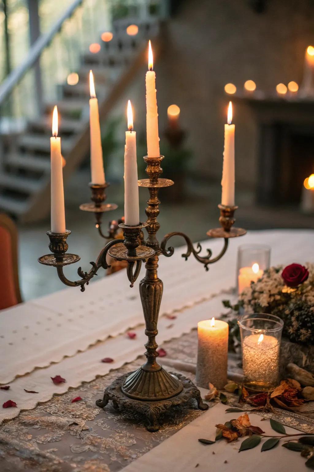 Create a hauntingly beautiful ambiance with candlelit candelabras.