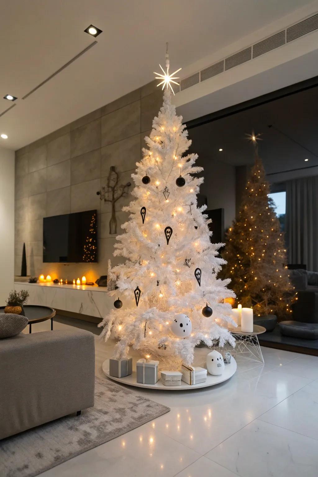 An ethereal white Halloween tree for a stylish, spectral impression.