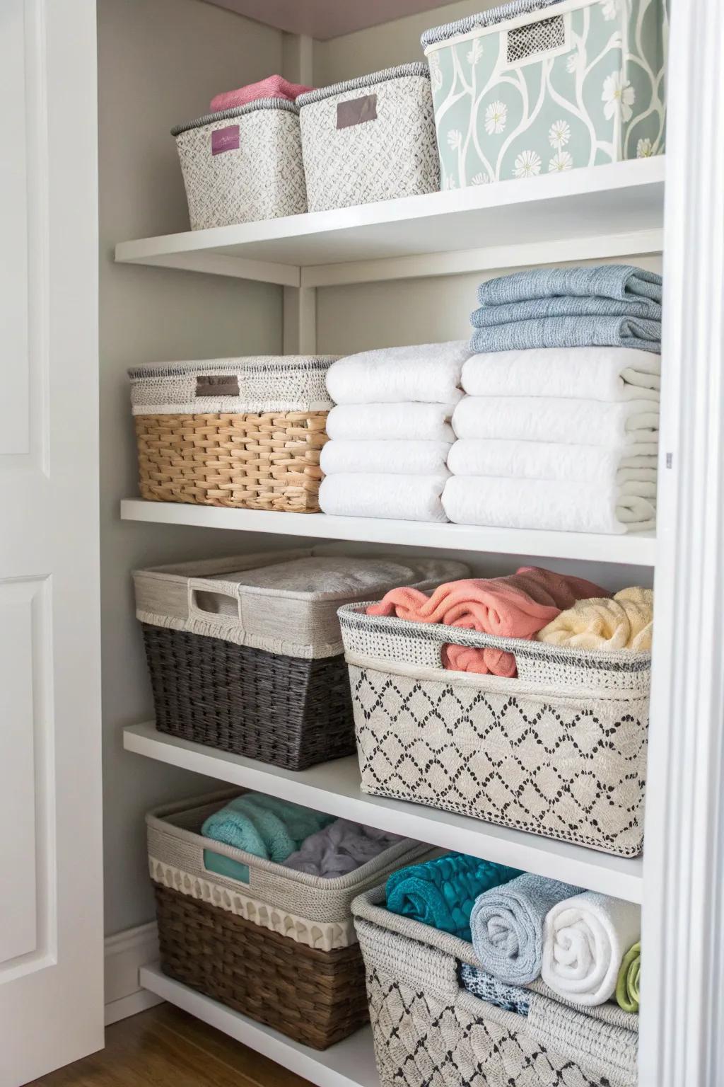 Your linen closet gains charm and organization from baskets.