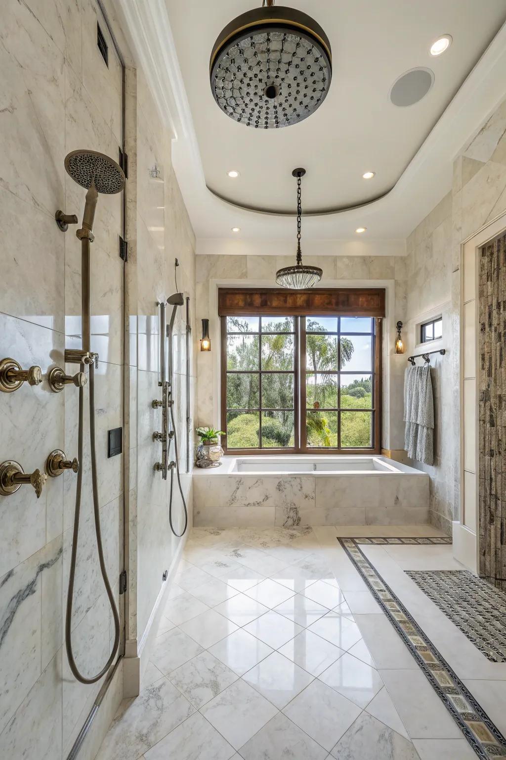 Combine an aqua sprayer with an overhead rain unit for a luxurious feel.