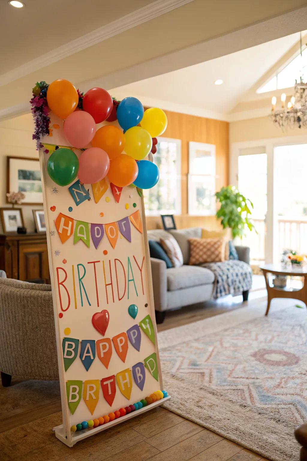 A vibrant birthday display enhanced with colorful airbags.