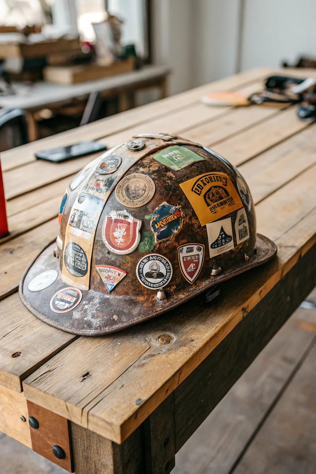 A hard hat transformed with an assortment of stickers and patches.