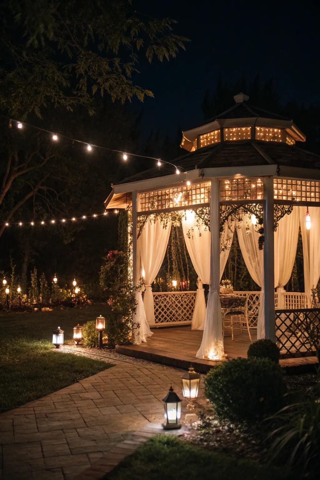 Enchanting illumination transforms your gazebo into a nighttime haven.