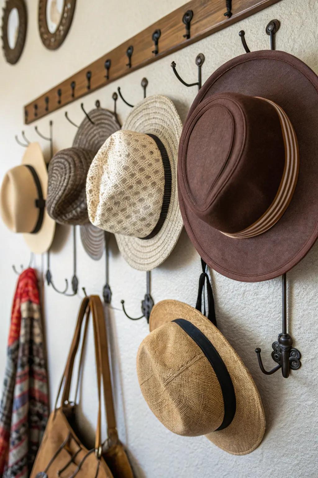 Turn your hats into decorative wall accents with stylish hangers and fixtures.