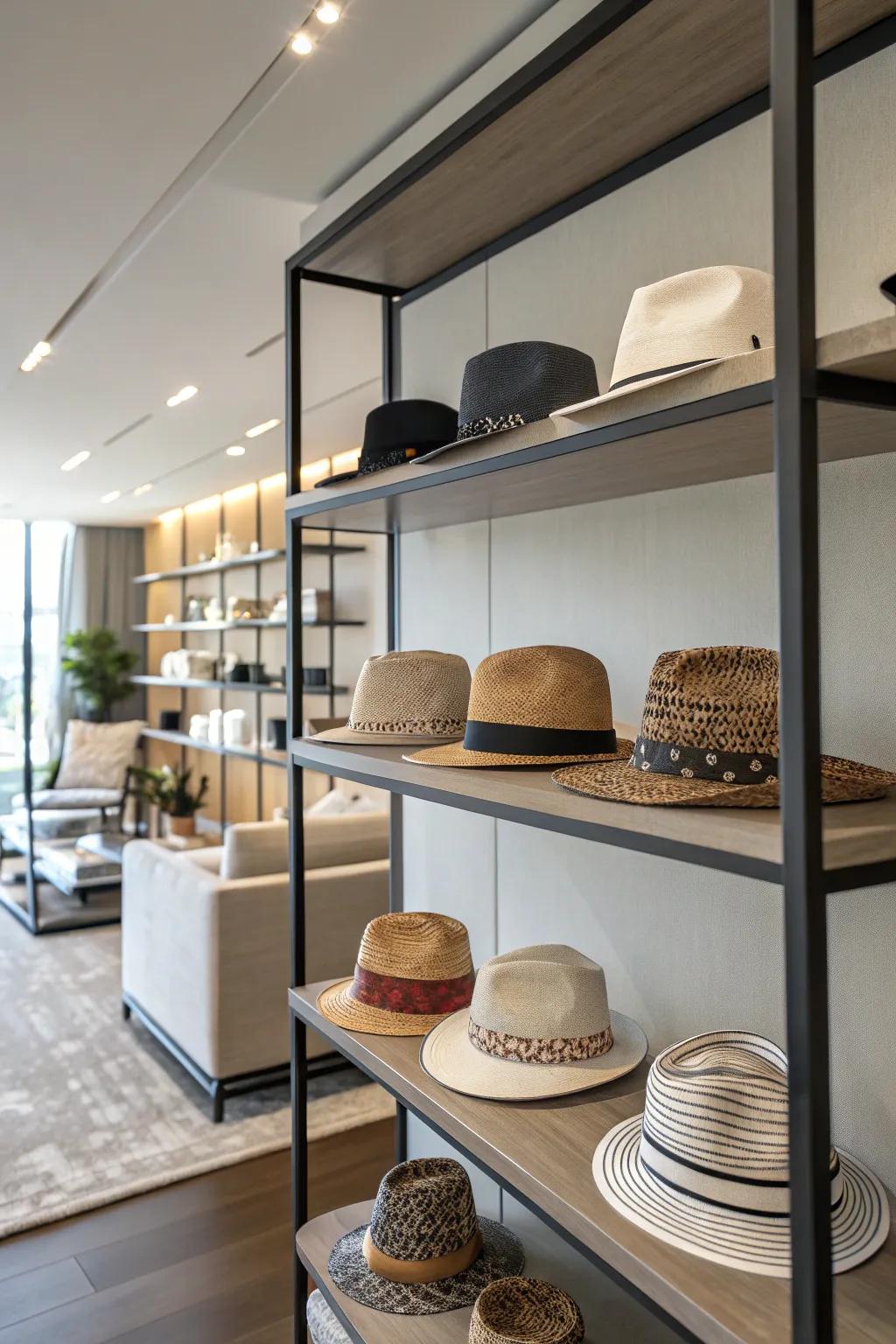Hats are featured on a fashionable shelving component.