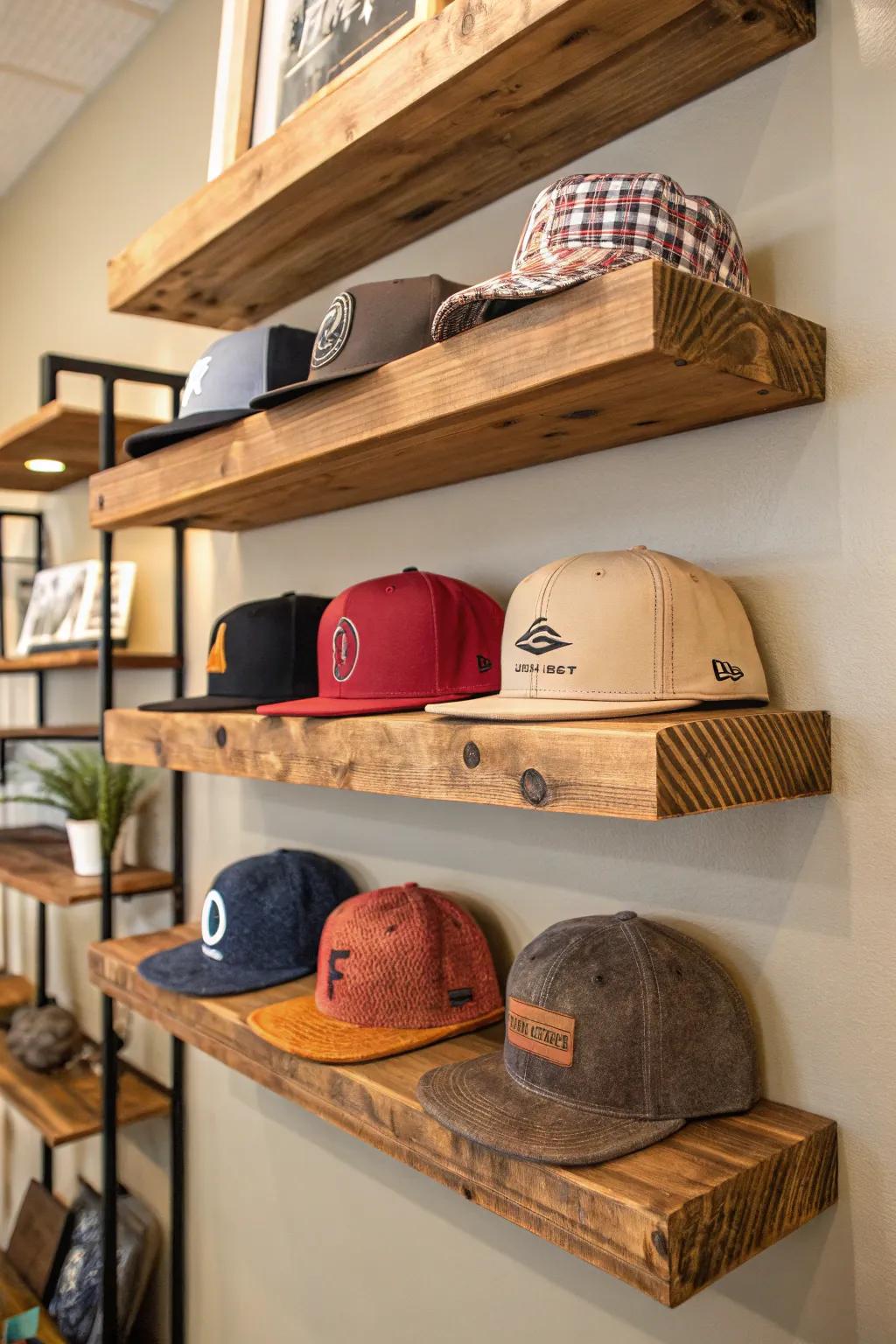 Showcase your hats by arranging them on shelves for an organized presentation.