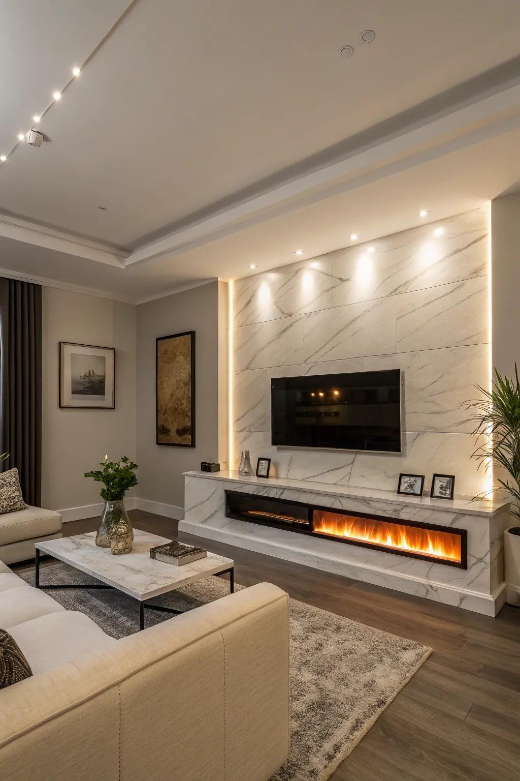 A modern living area showcasing a wall-mounted electric fireplace, creating a minimalist, modern vibe.