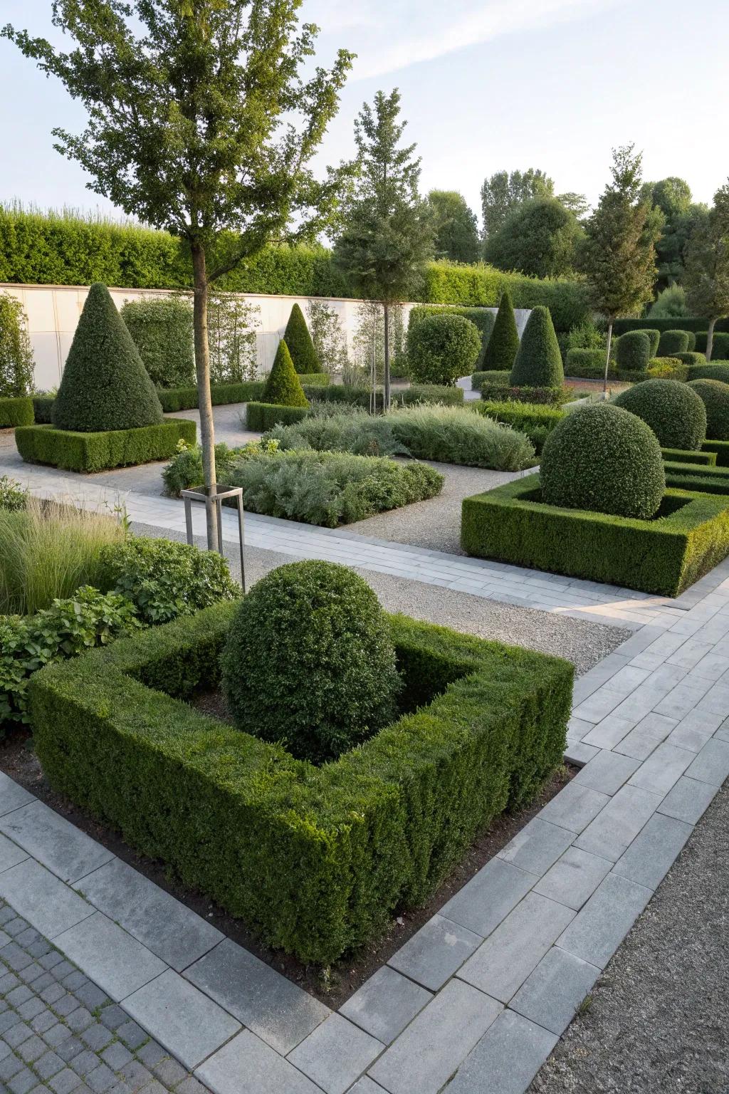 Symmetrical topiary hedges create a modern feel