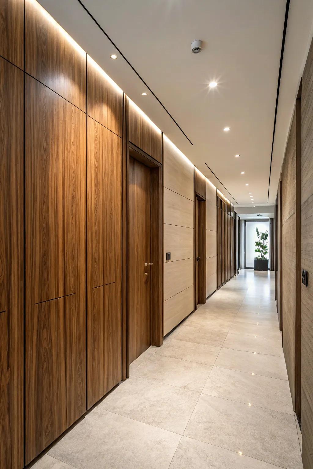 A contemporary hallway showcasing a secret entrance seamlessly built into wooden wall panels.