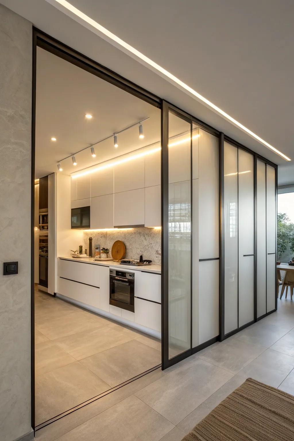 Sliding panels incorporate a sense of magic, concealing and revealing the cooking area as wanted.