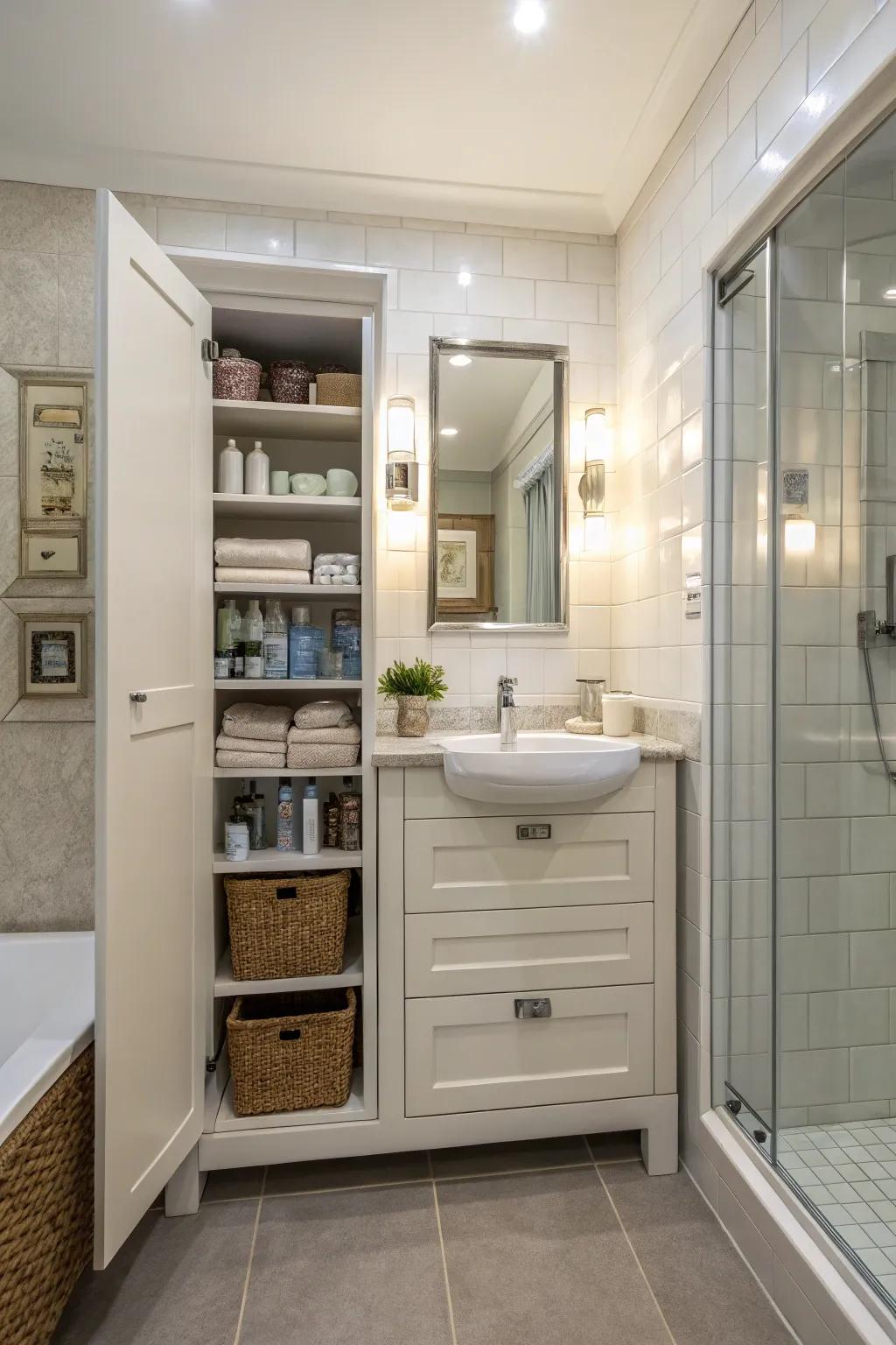 An inset cabinet offering minimalist storage in a modern bathroom.