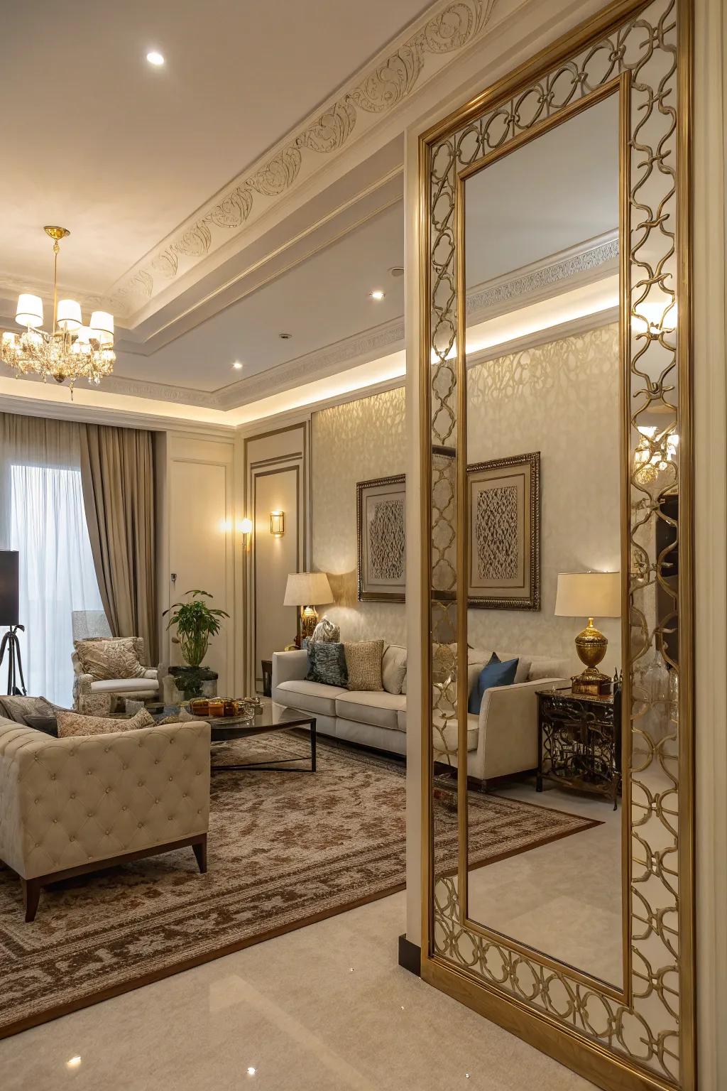 A mirror partition enhances space while maintaining an open atmosphere.