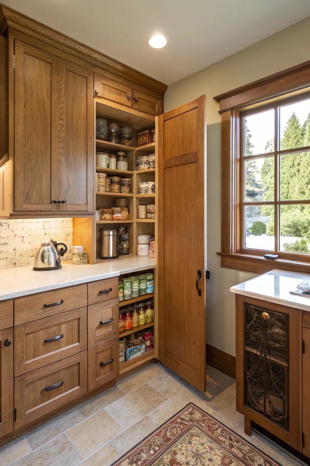 Integrated cupboards working double duty as a concealed pantry in a small cooking area.