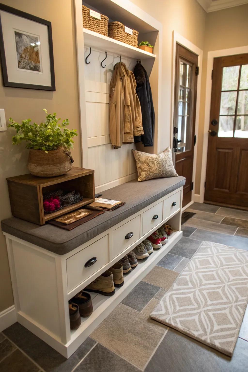 Storage under the bench merges utility with design.