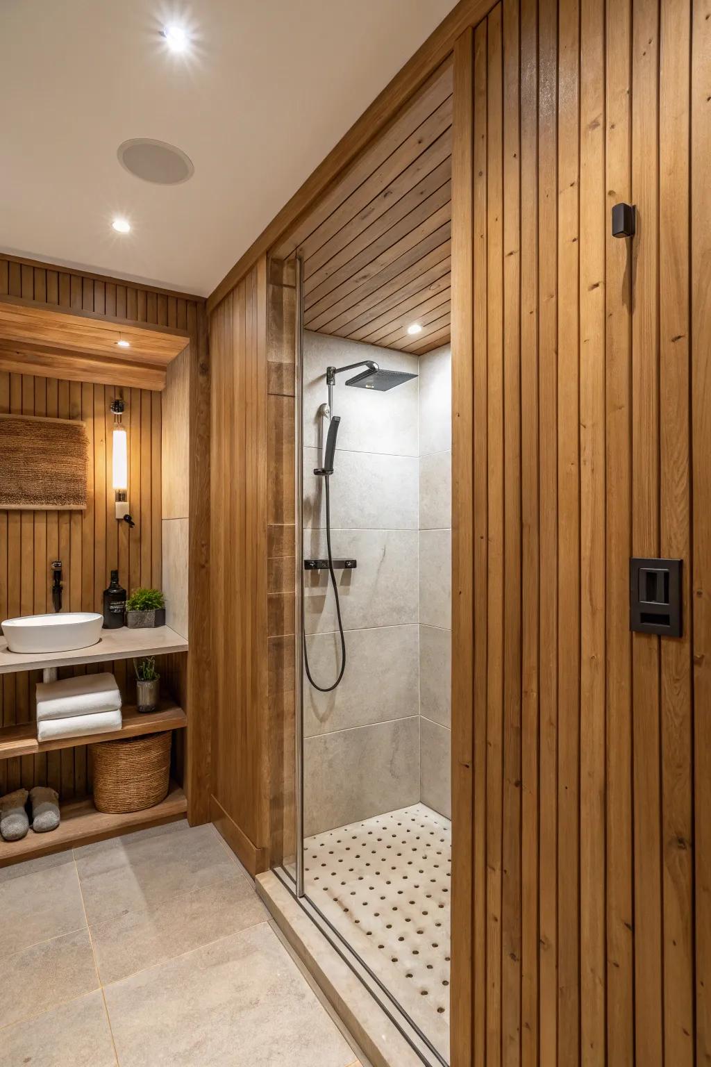 Inherent timber cladding presents a snug and uniform shower ambiance.