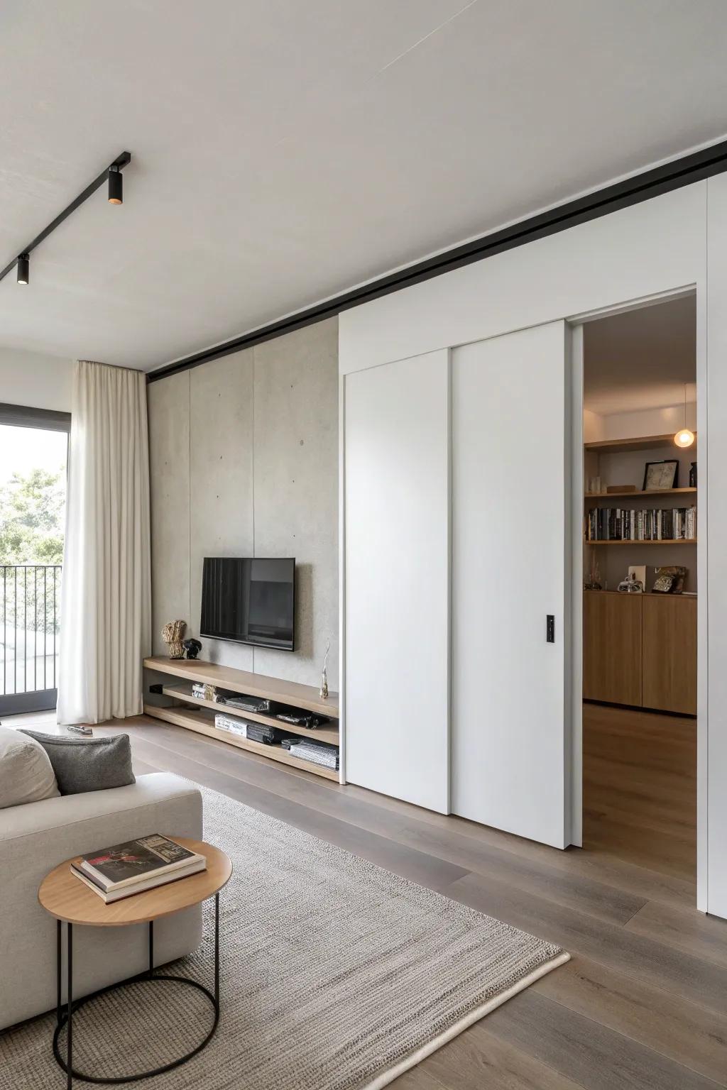 Get a sleek look by adding sliding doors into simple styles.