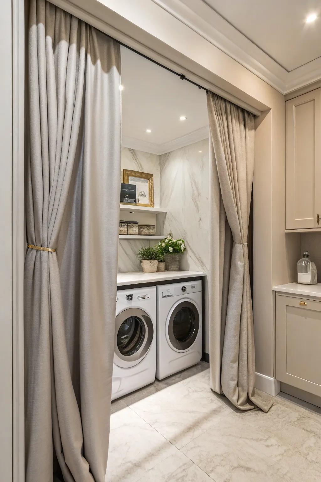 Elegant drapes providing a gentle cover for utility features in a washroom.